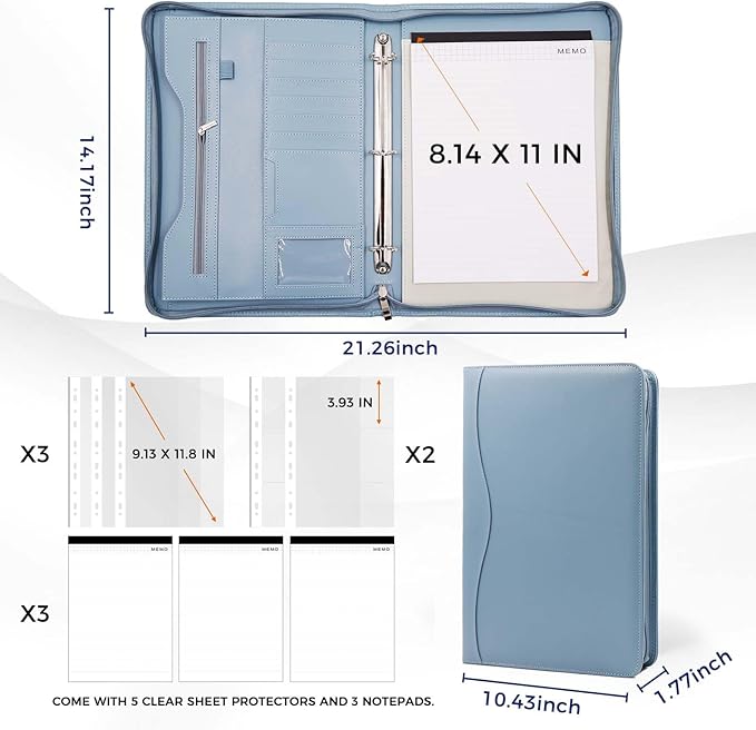 Padfolio Portfolio Folder Binder-Organizer Planner Notebook Zippered Portfolio Padfolio for Women & Men with Document Sleeve,Letter/A4 Size Clipboard,Business Card Holders (Grey Green)