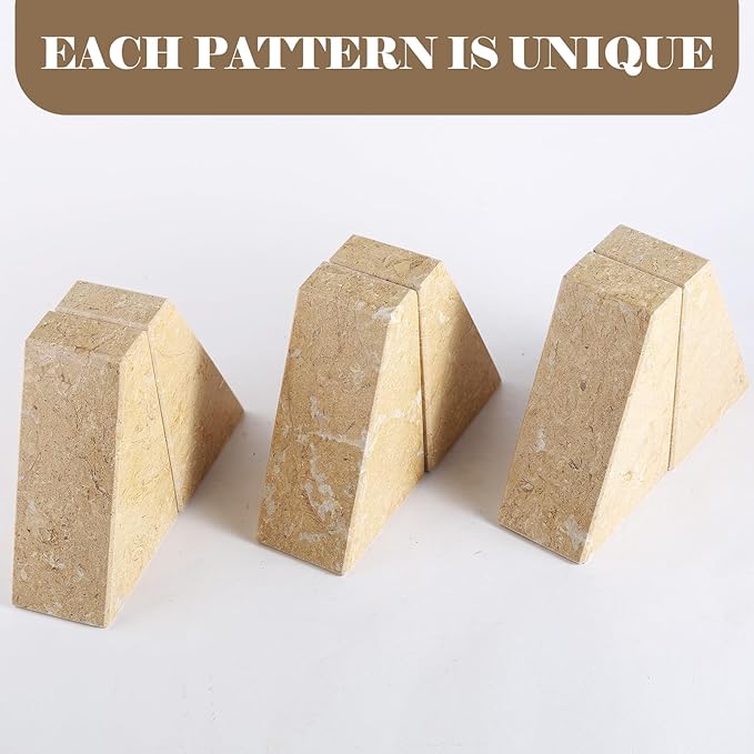 Marble Bookend for Heavy Books, Decorative Bookends for Shelves, Durable and Heavy-Duty Book End for Hardback Book & CDS, Unique Book Stopper & Holder, Pearlly Yellow, Set of 2