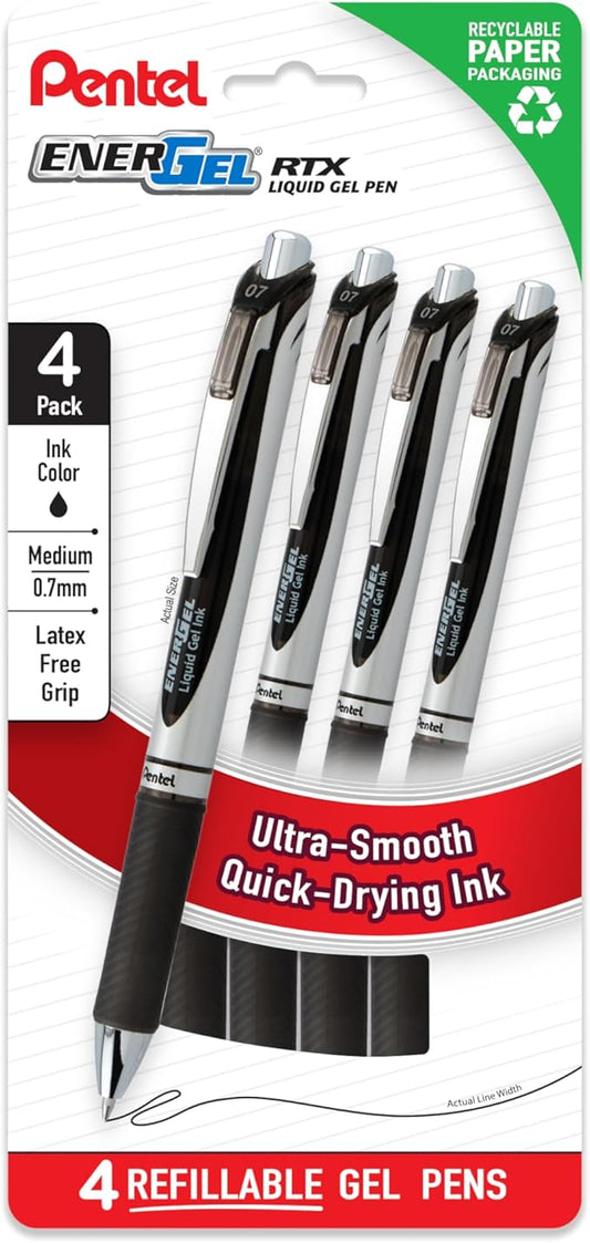 Pentel EnerGel RTX Liquid Gel Pens, quick drying, no smear, vivid color, no smudge Medium (0.7mm), Black Ink, Plastic-Free 4-pk (BL77PF4A)