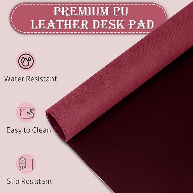Non-Slip Desk Pad, 24" x 14" Large Mouse Pad, PU Leather Desk Mat with Suede, Laptop Desk Pad, Waterproof Keyboard Pad, Desk Blotter for Office/Home/Decor (Burgundy)