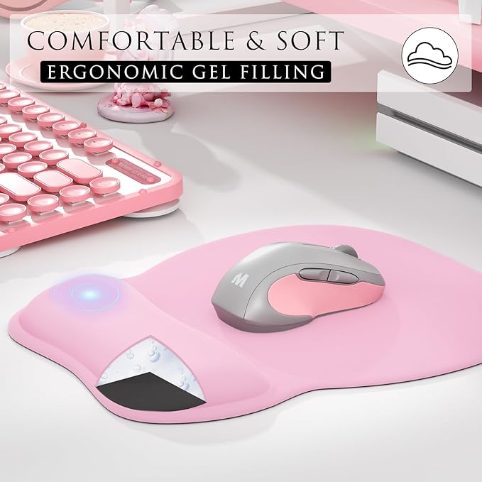 MROCO Ergonomic Mouse Pad with Gel Wrist Rest, Comfortable Mousepad with Smooth Wrist Support Surface and Non-Slip PU Base for Pain Relief, Computer, Laptop, Office & Home, 9.4 x 8.1 in, Pale Pink