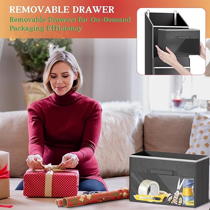 Ofiray-home 2-in-1 Wrapping Paper Organizer Storage, Over Door or Under Bed Organizer with Removable Drawer & 4 Clear Pockets Wrap Storage for Ribbons, Bows, Ornament and Other Tools