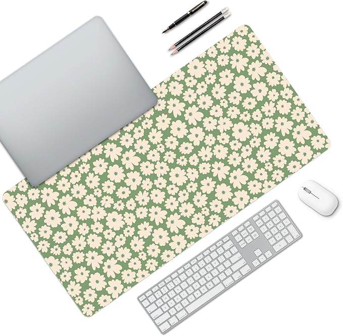 MAYCARI Kawaii Green Flower Extended Gaming Mouse Pad Large, 31.5"X15.7" Big Mouse Pad with Non-Slip Base Long Computer Keyboard Mouse Mat for Home Office Work