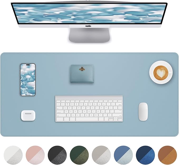 Leather Desk Pad Protector, Mouse Pad, Office Desk Mat, Non-Slip PU Leather Desk Blotter, Laptop Desk Pad, Waterproof Desk Writing Pad for Office and Home (Light Blue, 31.5" x 15.7")