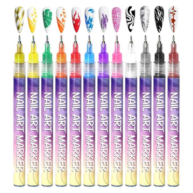 12 Colors Nail Art Pens Set, Nail Art Markers Polish Pen for 3D Nail Art, Drawing Painting Liner Brush for DIY Nail Art Beauty Adorn Manicure Tools (Cololful)