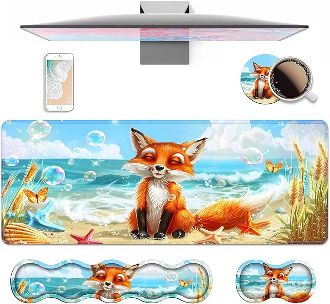 4 in 1 Ergonomic Keyboard Wrist Rest & Mouse Pad Wrist Rest Set, Large XXL Gaming Desk Mat 31.5"x 11.8" with Non-Slip Base, Memory Foam for Home Office Study Gaming, Fox