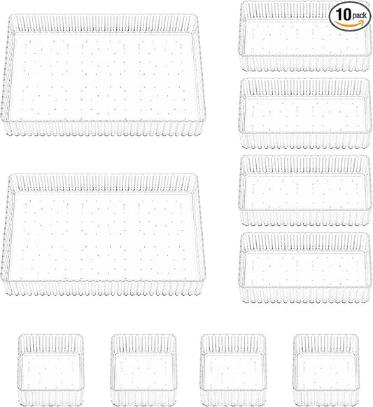 10 Pcs Clear Drawer Organizers, 3 Sizes Stackable Makeup Vanity Drawer Organizer Trays, Dresser Bathroom Desk Drawer Organizers Storage Bins Tray for Jewelry Makeup