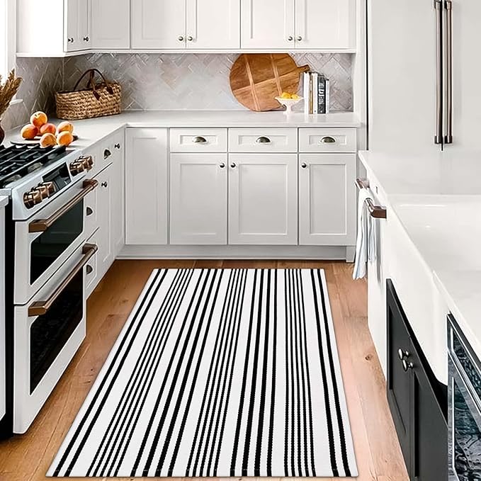 OJIA Black and White Outdoor Rug 3' x 5', Machine Washable Front Door Mats Outdoor, Cotton Hand-Woven Striped Porch Rug Entryway Rug Indoor/Outdoor Area Rug Floor Mat for Farmhouse/Living Room