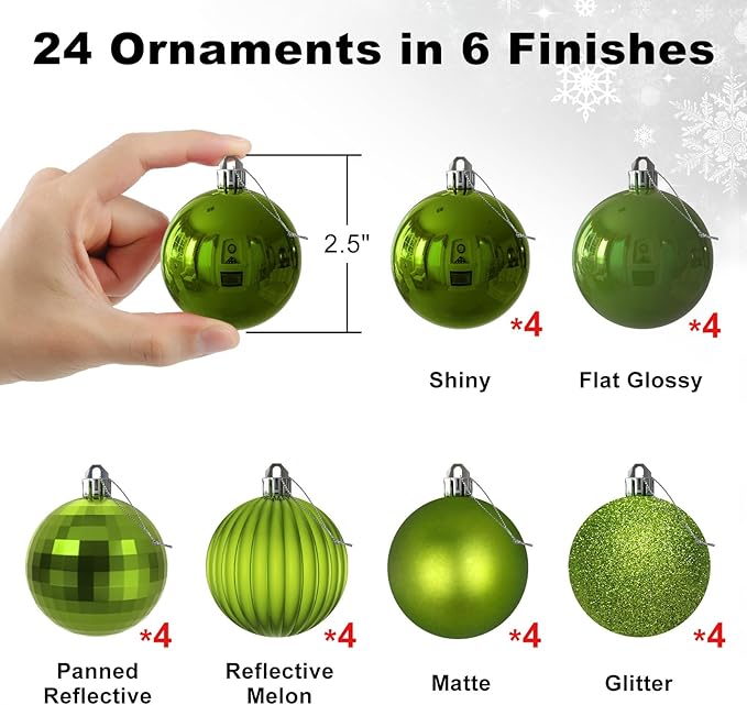 Lime Green 2.5" Christmas Balls Christmas Tree Decoration Ornaments Shatterproof Hanging Balls for Birthday Halloween Holiday Wedding Decorations Set of 24pcs