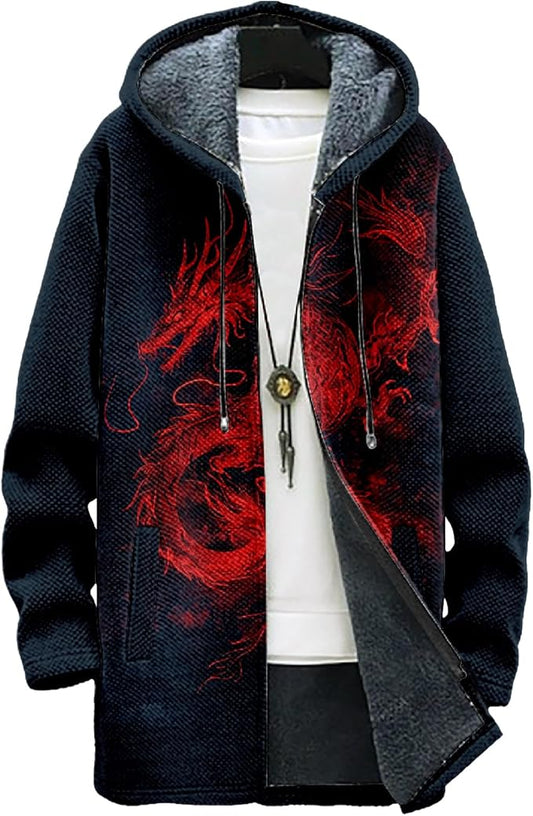 MARSVOVO Mens Cardigan Sweater Cool Graphic Lined Fleece Long Coat Zip With Pockets Fashion Coat Warm Fitted Jacket