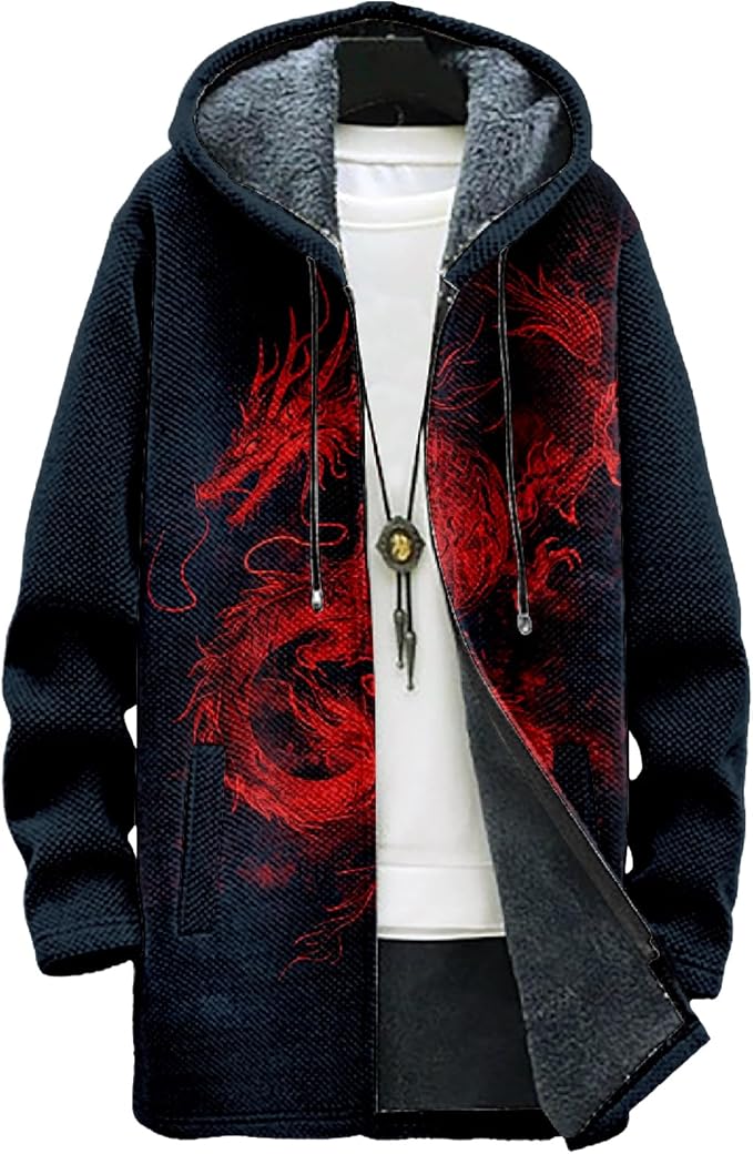 MARSVOVO Mens Cardigan Sweater Cool Graphic Lined Fleece Long Coat Zip With Pockets Fashion Coat Warm Fitted Jacket