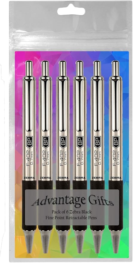 Zebra F-402 Ballpoint Stainless Steel Retractable Pen, Fine Point, 0.7mm, Black Ink, 6-Count Bundle with Plastic Reusable Pouch