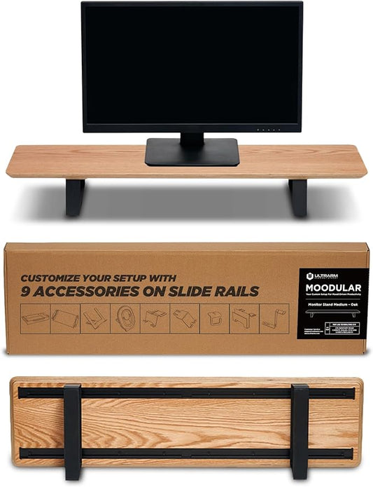 Moodular Wooden Monitor Stand 33.4” (85cm) Desk Organizer with Metal Slide Rails for Drawer, Tray, Laptop, Tablet, Phone & Headphones Customizable Riser for Organized Workspace Oak MS85-O