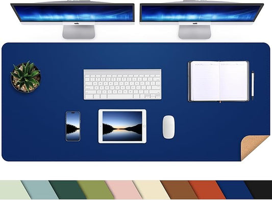 Leather Desk pad Protector, Large Desk mat with Natural Cork & PU Leather,Mouse pad,Non-Slip Office Desk Mat,Waterproof Desk Writing Pad for Office and Home (Sapphire Blue,47in*23in)