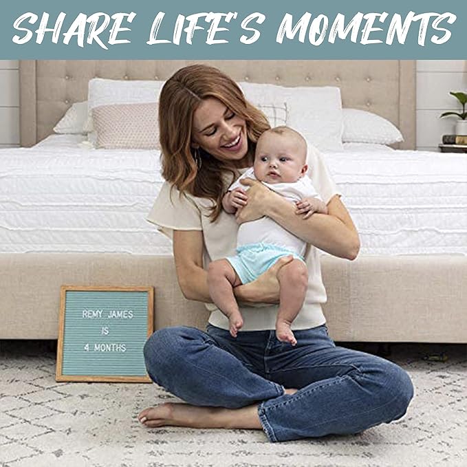 Light Seafoam Green Felt Letter Board, 10"x10" Changeable Letter Board + 300 White Plastic Letters, Warm Oak Frame Wooden Letter Board w/Sawtooth Wall Hanger & Drawstring Pouch w/Letterboard Letters