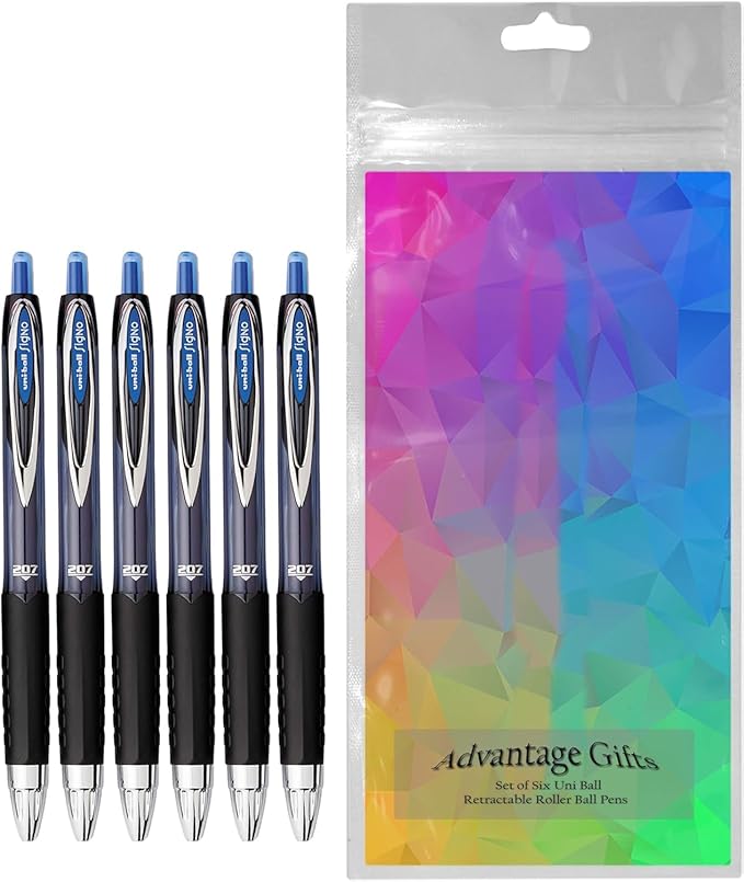 Signo 207 Roller Ball Retractable Gel Pens, Medium Point (0.7mm), Blue Ink, 6 Count, Bundle with Plastic Reusable Pouch