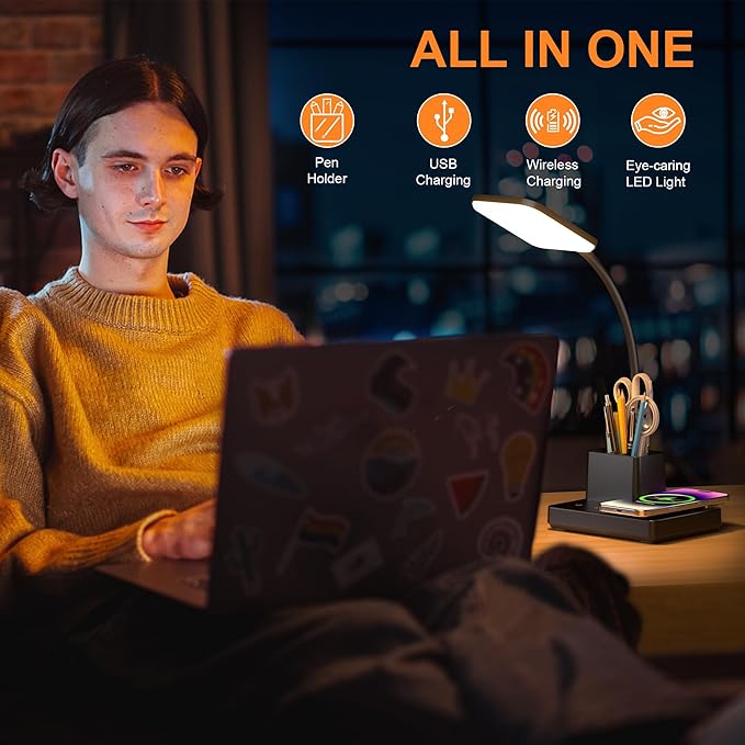 Sailstar Desk Lamp, Table Lamp with Wireless Charger & USB Port, 800LM CRI95 3 Color Modes Dimmable Touch Flexible Arm Pen Holder, LED Desk Lamps for Home Office, College Dorm Room, Adapter Included