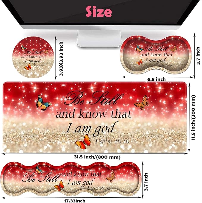 Large XXL Gaming Desk Mat 31.5"x 11.8", Ergonomic Keyboard Wrist Rest & Mouse Pad Wrist Rest + Coaster Set, Non-Slip Base, Memory Foam, Office and Home, Christian Psalm 46:10
