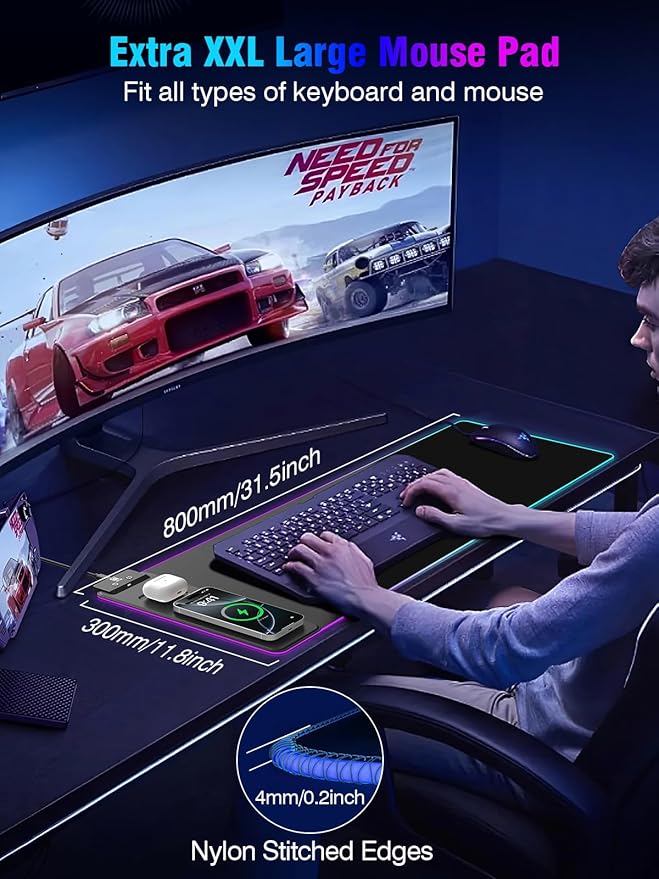 Mouse Pad with Magnetic Wireless Charging, Large Desk Pad Protector, RGB Black Mousepad Desk Mat with 15W Fast Charger, 4mm Thick Non-Slip, Waterproof Laptop Writing Pad for Office, Home, Gaming