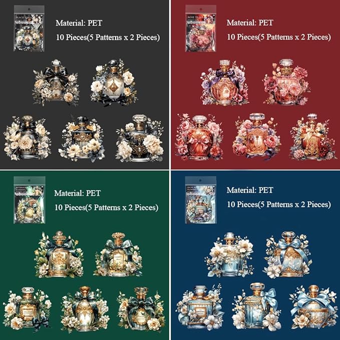 MAFELOE PET Scrapbook Stickers, 4 Packs, 10 Pieces Each, Aesthetic Deco Supplies for Junk Bullet Journaling Card Making Daily Planner-Bottle&Flower Series (TP-WYMH-08)