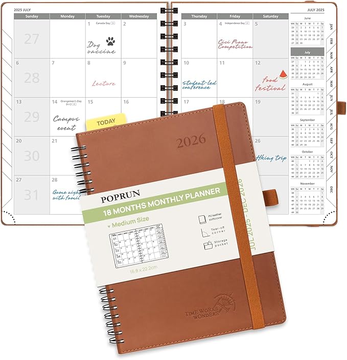 POPRUN Monthly Planner 2025-2026 Spiral Bound (6.5"x 8.5") 18 Months Calendar (Jul 2025 - Dec 2026) - 4 Pages per Month with Monthly Expense & Notes, Sunday Start, Leather Cover - Brown