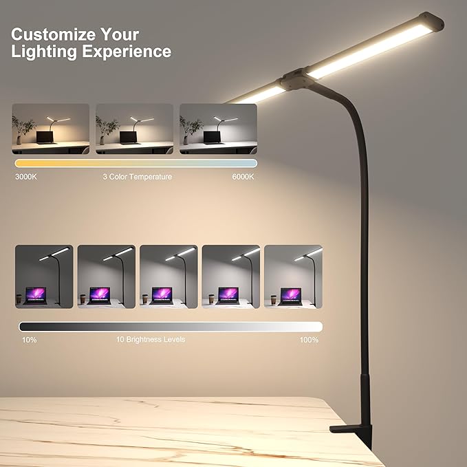 LED Desk Lamp, Double Head Led Desk Lamp, 12W Ultra Bright Architect Task Desk Light, Eye Caring Desk Light, Desk Lamps for Home/Office/Study/Drafting/Sewing/Dorm/Painting(Black)