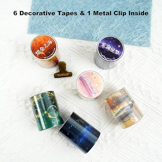 Ocean Fantasy Washi Tape Set – 6 Rolls with Dreamy Sunset, Wave and Bubble Patterns for Scrapbook, Journal, DIY Cards, with Mini Clip