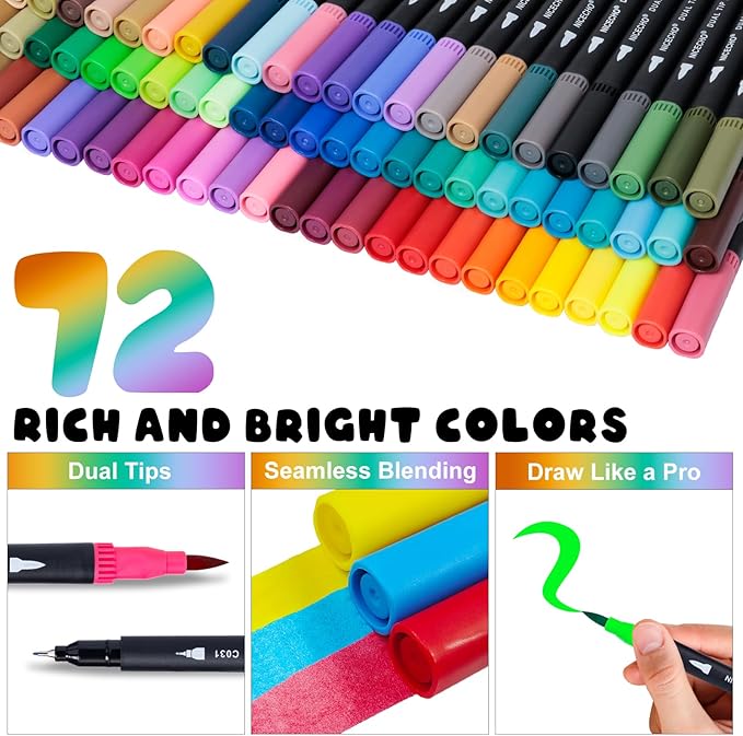 Nicecho 72 Colors Dual Tip Art Markers Pens for Adult Coloring Books, Brush and Fine Tip Coloring Marker for Drawing Journaling Note Taking Lettering