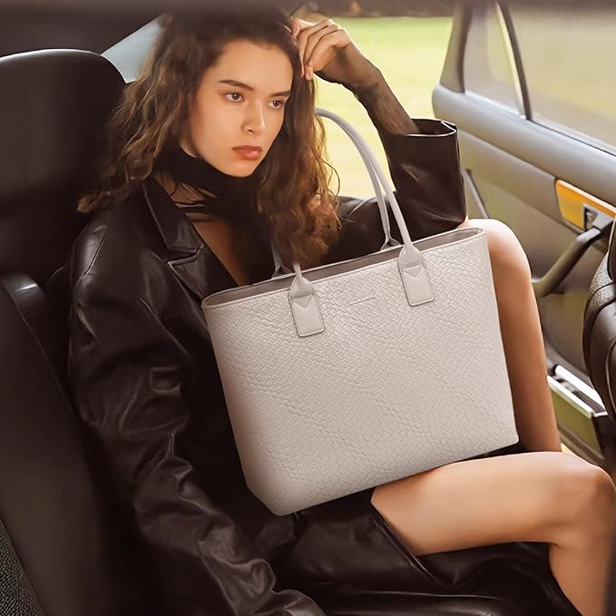 LOVEVOOK Laptop Purses and Handbags for Women, 15.6 Inch Computer Bag Work Tote Briefcase Satchel Handbags for Women with Small Clutch, Beige