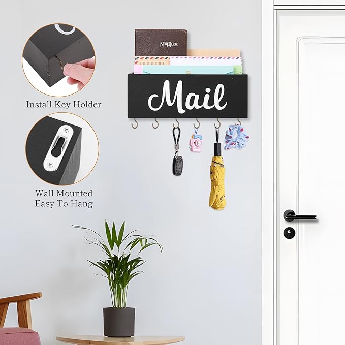 Mail Organizer Countertop, Mail Organizer Wall Mounted with Key Holder, Mail Holder for Wall, Mail Sorter Organizer, Letter Organizer, Mail Basket, Mail Tray, Letter Holder for Desk (Black)