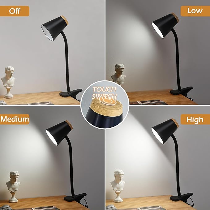 Clip on Desk Lamp for Home Office - Small LED Touch Dimmable Reading Lights for Books in Bed - Adjustable Flexible Gooseneck Clamp Light Table Lamp for Bedside Bedroom Headboard Black