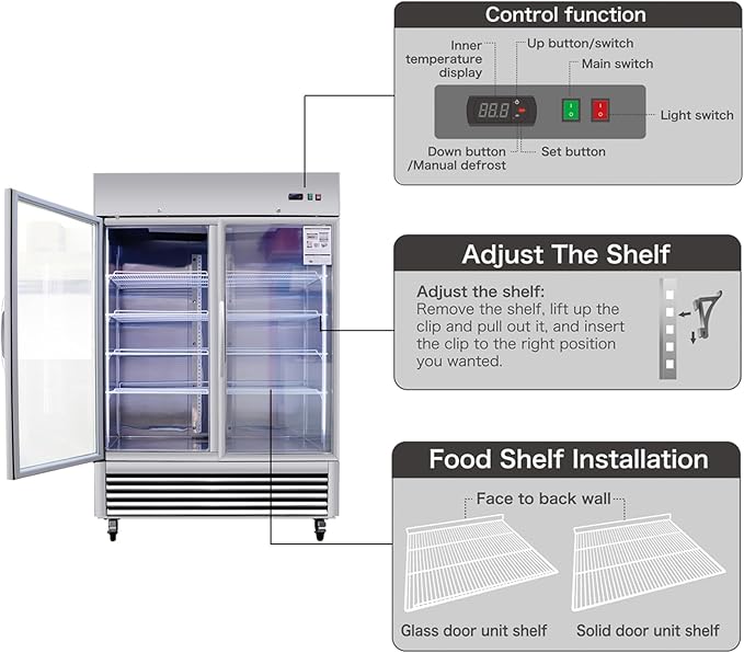 Merax Merex Commercial Refrigerator 54" W 2 Glass Door Stainless Steel Interior and Exterior Construction Upright Fan Cooling Reach-in Merchandising 42.2 Cu.ft, Silver