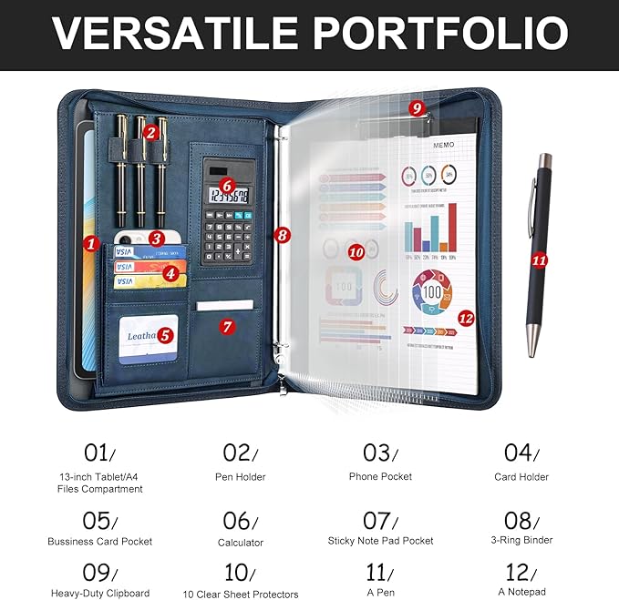 Leathario Portfolio Binder, 3-Ring Folder Organizer, Includes 5 Sheet Protectors and a Pen, Vegan Leather A4 Padfolio for Tablets, Business Conferences Professional Document Organizer, Office Supplies