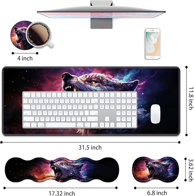 4 in 1 Ergonomic Keyboard Wrist Rest & Mouse Pad Wrist Rest Set, Large XXL Gaming Desk Mat 31.5"x 11.8" with Non-Slip Base, Memory Foam for Home Office Study Gaming, Wolf Howling