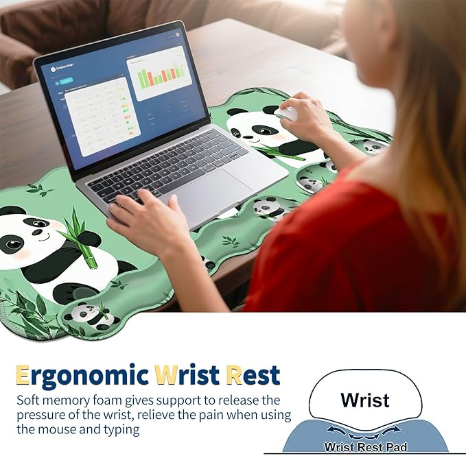 4-Piece XXL Gaming Mouse Pad Set (31.5"x11.8") with Keyboard Wrist Rest,Mouse Wrist Support & Coaster,Ergonomic Non-Slip Desk Mat for Office & Home,Cute Three Pandas