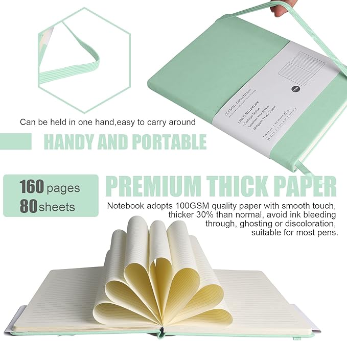 Lined Journal Notebook, (Eggshell Green), 160 Pages, Medium 5.7 inches x 8 inches - 100 gsm Thick Paper, Hardcover