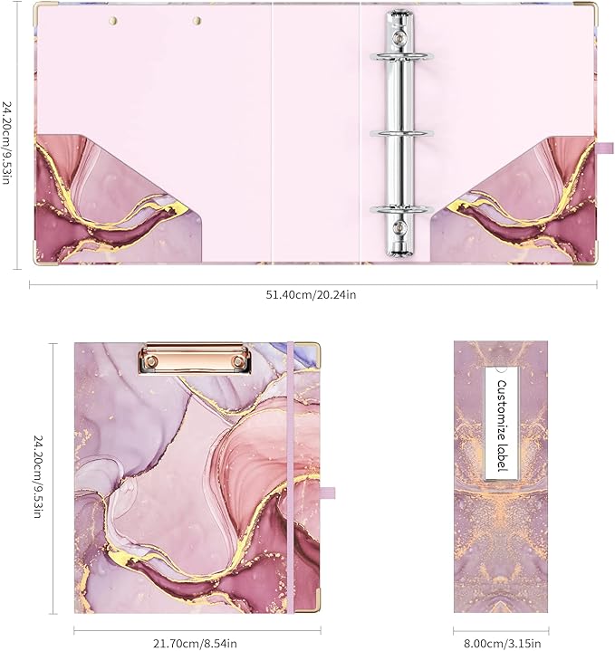 Ospelelf Mini 3 Ring Binder, 2 Inch, Cute Pink Marble Binder for 5.5" x 8.5" with 5 Tab Dividers, File Folder Labels and Low Profile Clipboards