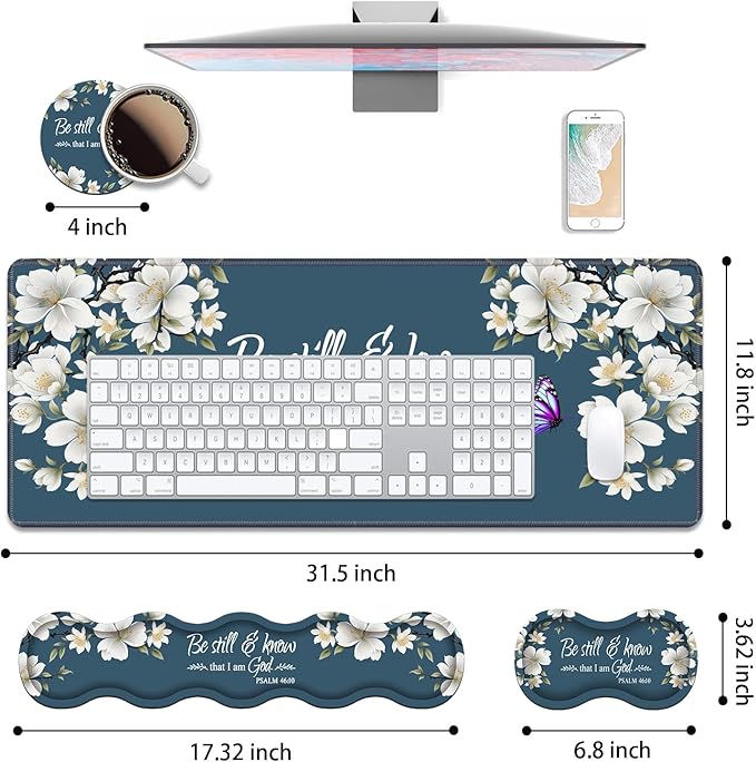 4 in 1 Ergonomic Keyboard Wrist Rest & Mouse Pad Wrist Rest Set,Large XXL Gaming Desk Mat 31.5"x 11.8" with Non-Slip Base,Memory Foam for Home Office Study Gaming,Floral Quote Bible Verse Psalm 46:10