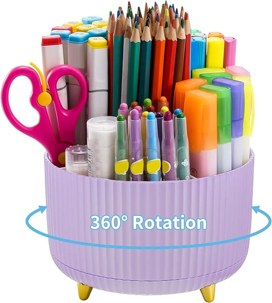 Marbrasse Desk Organizer, 360-Degree Rotating Pen Holder for Desk, Desk Organizers and Accessories with 5 Compartments Pencil Organizer, Art Supply Storage Box Caddy for Office, Home（Purple）