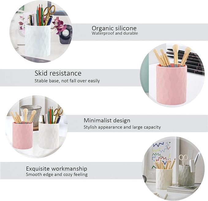 Pen Holder,Nordic Style Silicone Waterproof Pencil Holder for Desk Simple&Modern Minimalist Makeup Organizer Multifunctional Office Supplies for Home,Kids and School (Pink)