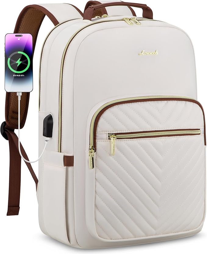 LOVEVOOK Laptop Backpack for Women 15.6 inch,Cute Womens Travel Backpack Purse,Professional Laptop Computer Bag,Waterproof Work Business College Teacher Bag Carry on Backpack with USB Port,White Brown