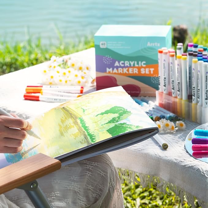 Arrtx 60 Colors Acrylic Paint Pens, Paint Markers Pens, for Artists Adults Coloring Drawing Scenery Landscape Natural- Brush Tip for Rock Painting, Wood, Canvas, DIY Crafts Making Art Supplies-60C