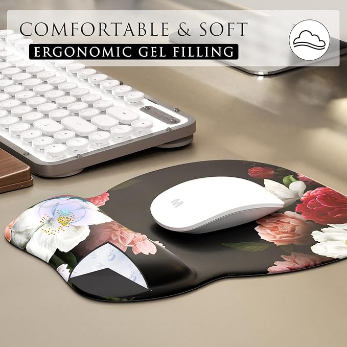 MROCO Ergonomic Mouse Pad with Gel Wrist Rest, Comfortable Mousepad with Smooth Wrist Support Surface and Non-Slip PU Base for Pain Relief, Computer, Laptop, Office & Home, 9.4 x 8.1 in, Black Flower