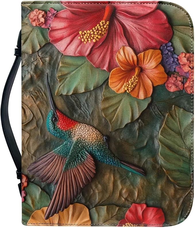 Lotusorchid Leather Bible Book Cover Case with Handle Pocket, Hummingbird Bible Cover Case with Pen Storage, Sturdy PU Bible Tote Bag, Bible Accessories, M