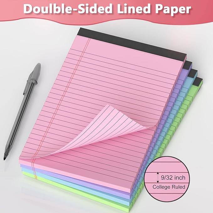 Legal Pads 5x8, College Ruled Paper, Colored Note Pads 5x8, Pink Legal Pad, Purple Notepad, 4 Pack Small Notepads, 30 Sheet/Notepad,Lined Paper with Sturdy Backboard, Note Pad for School,Business,Home