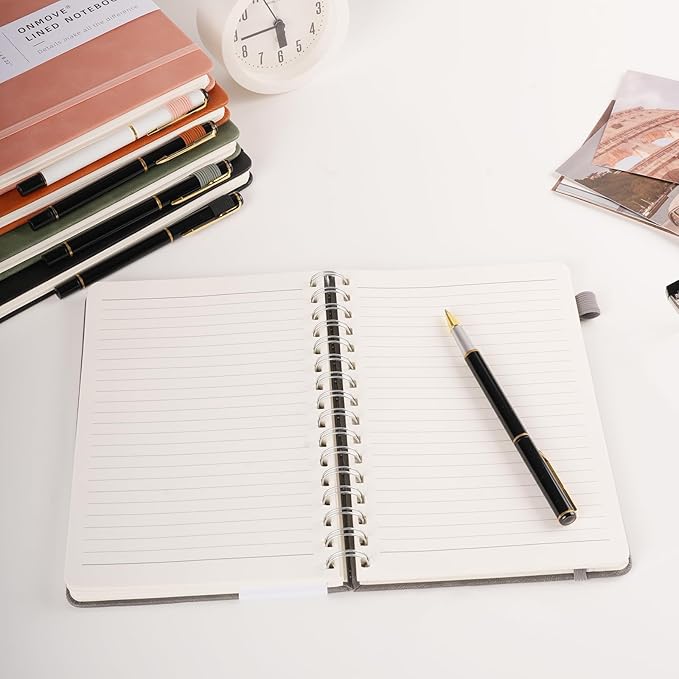 Lined Spiral Notebook Journal for Women Men 160 Pages A5 College Ruled Hardcover Leather with Pen Holder Notebook Journals for Note Taking Work Gray