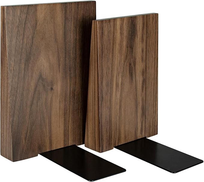 Luxdecor Walnut Book Ends Hold Heavy Books-6x5x4in Wood Bookends for Office Desk Non Skid, Decorative Walnut Bookend 2pack, Triangle Style