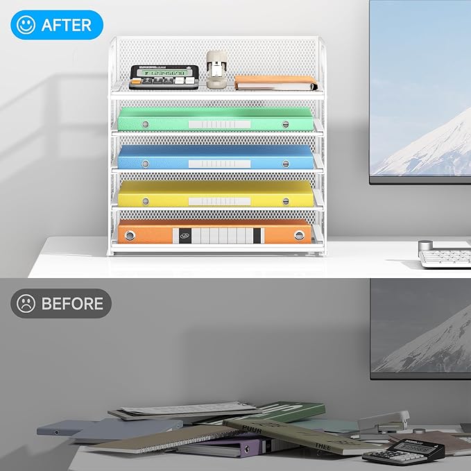 Lavatino 5 Tray Paper Organizer Letter Tray with Handle - Mesh Desk File Organizer, Paper Sorter Organizer for Office, Home or School File Folder Holder - White