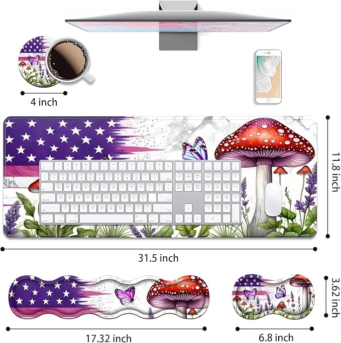 4 in 1 Ergonomic Keyboard Wrist Rest & Mouse Pad Wrist Rest Set, Large XXL Gaming Desk Mat 31.5"x 11.8" with Non-Slip Base, Memory Foam for Home Office Study Gaming, American Flag Mushroom Butterfly