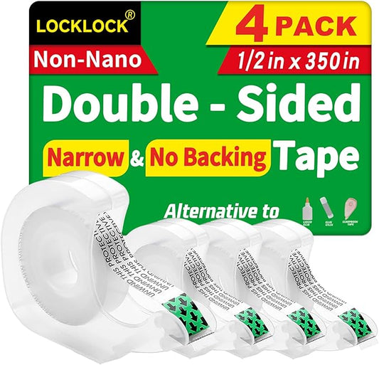LOCKLOCK Double Sided Tape Light Duty, 4 Pack, 1/2 x 350 inches, Narrow Double Stick Tape with Dispenser for Crafts, Arts Projects, Gift Wrapping, Office and School Supplies, Clear.